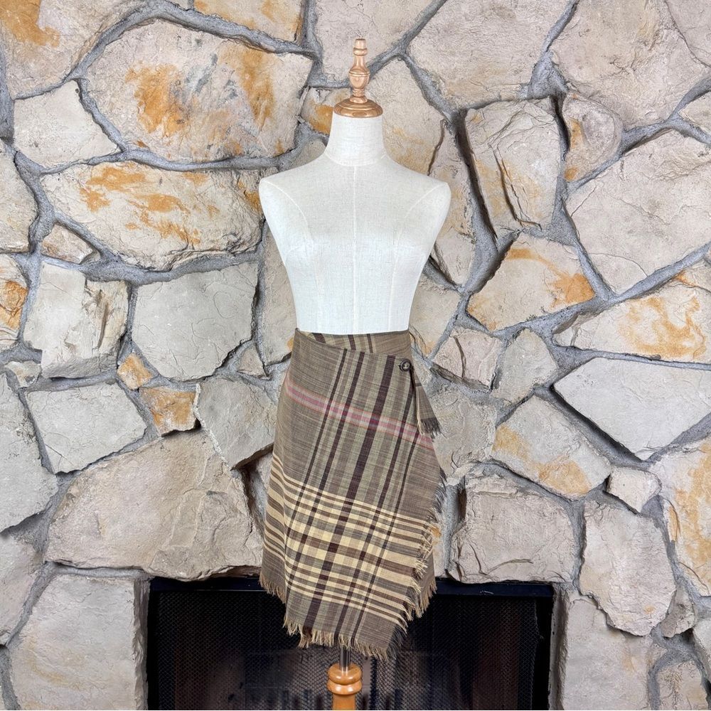 Ralph Ralph Lauren c. 1990s Fringed Wrap Skirt Northwood Brown Plaid | 10